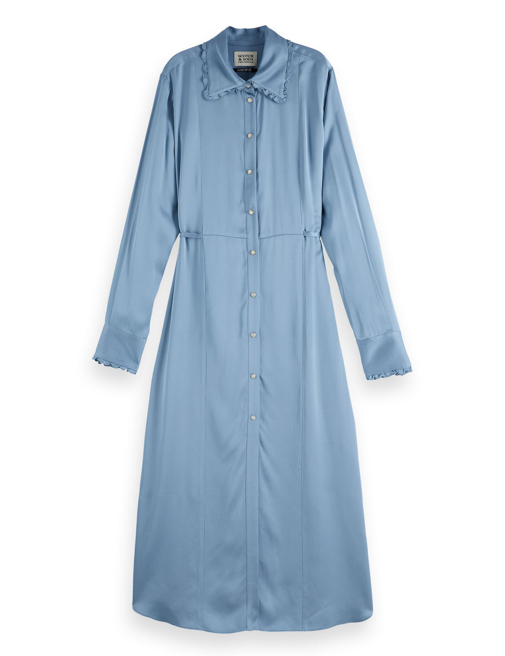 Midi shirt dress with tied waist and ruffles