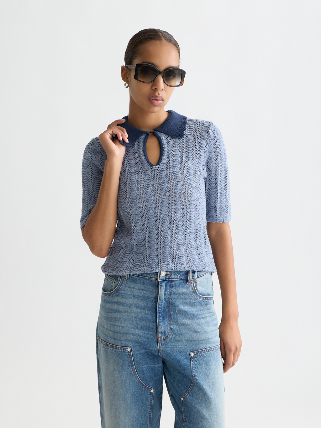 Pointelle Collared Knitted Tee