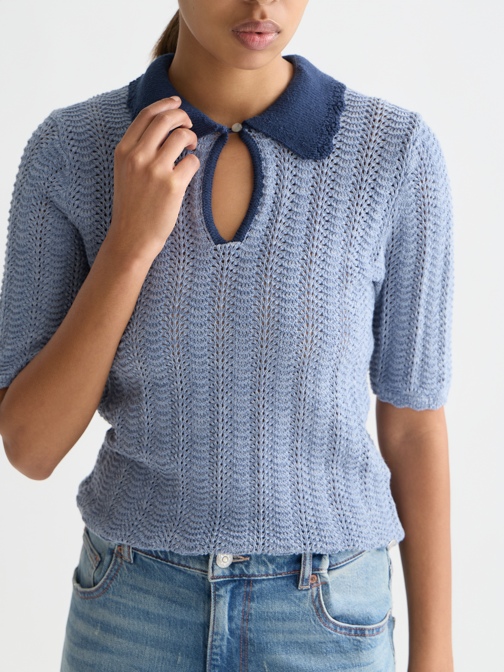 Pointelle Collared Knitted Tee