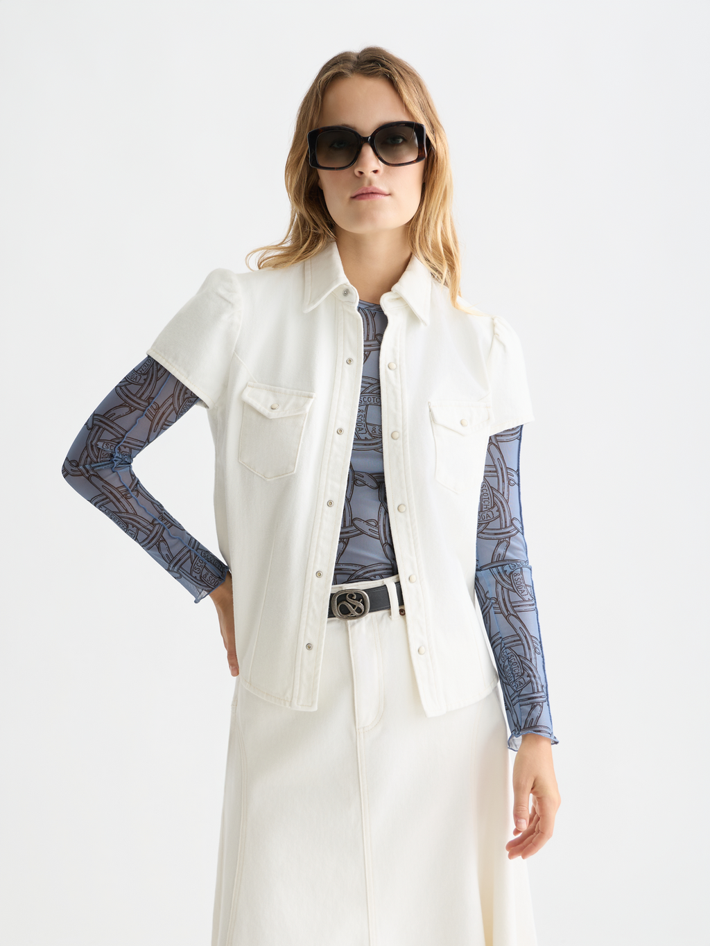 Cap Sleeve Fitted Denim Shirt