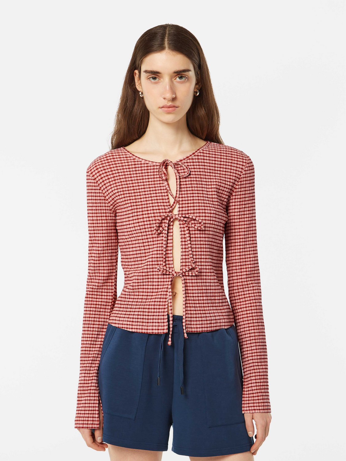 Structured Gingham Tie Front Long Sleeve Shirt