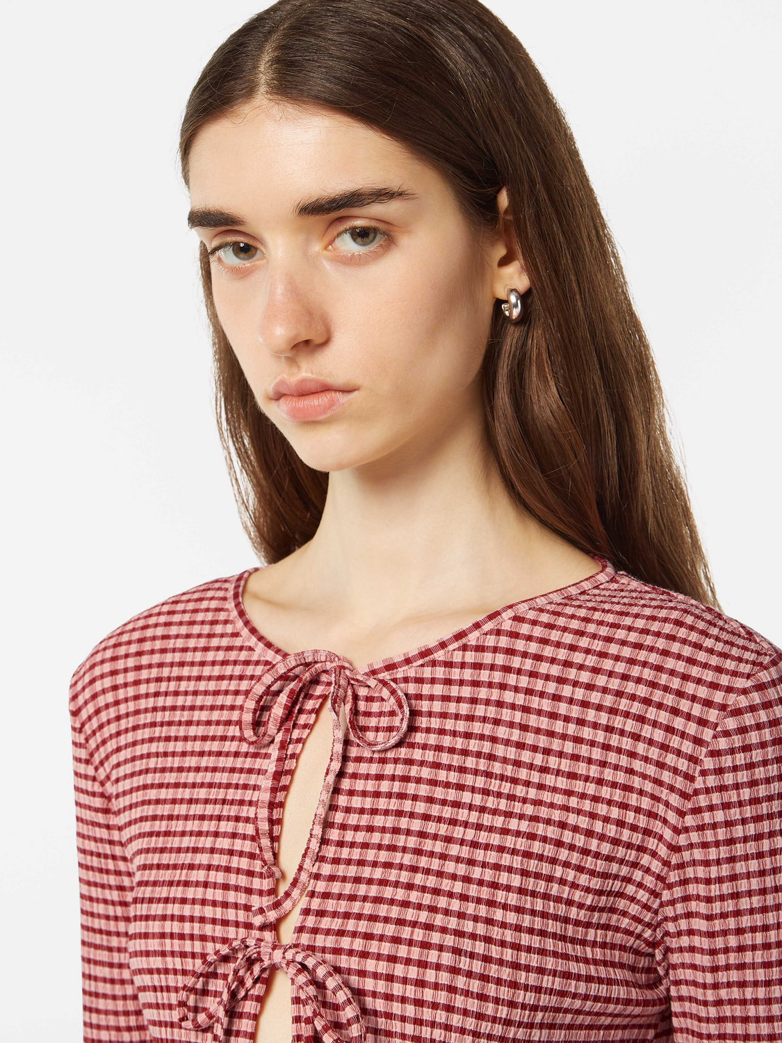 Structured Gingham Tie Front Long Sleeve Shirt