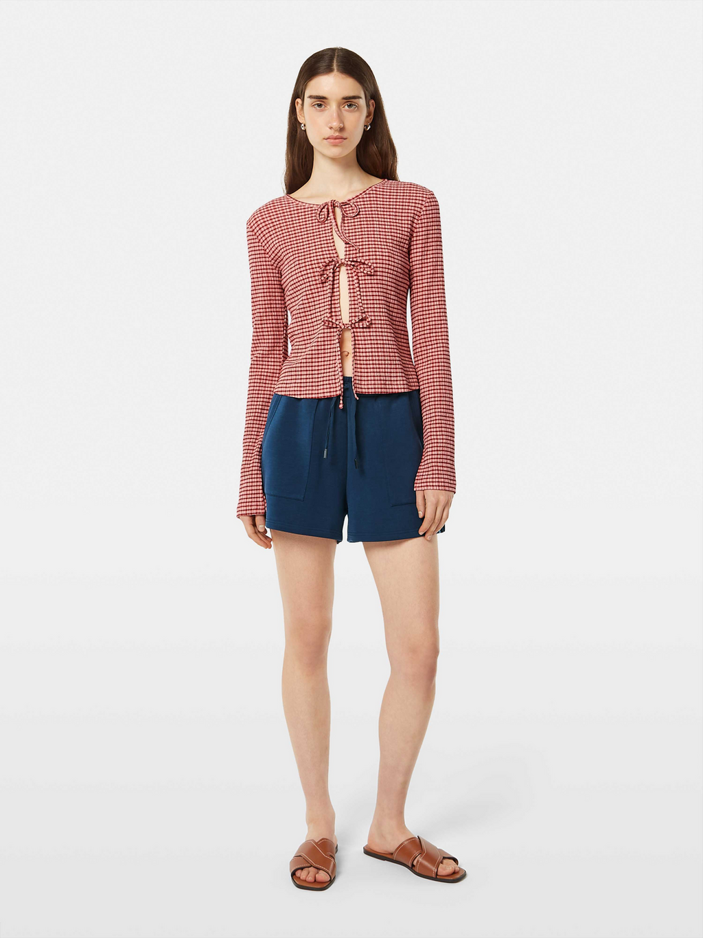 Structured Gingham Tie Front Long Sleeve Shirt