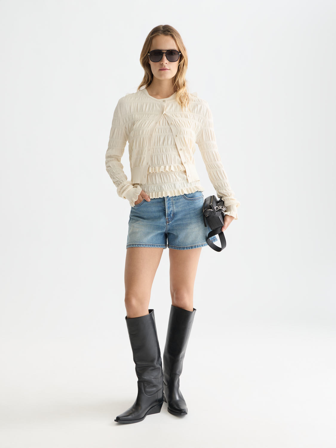 Smock Stitch Crew Neck Cardigan