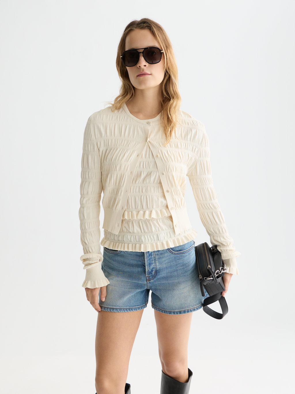 Smock Stitch Crew Neck Cardigan