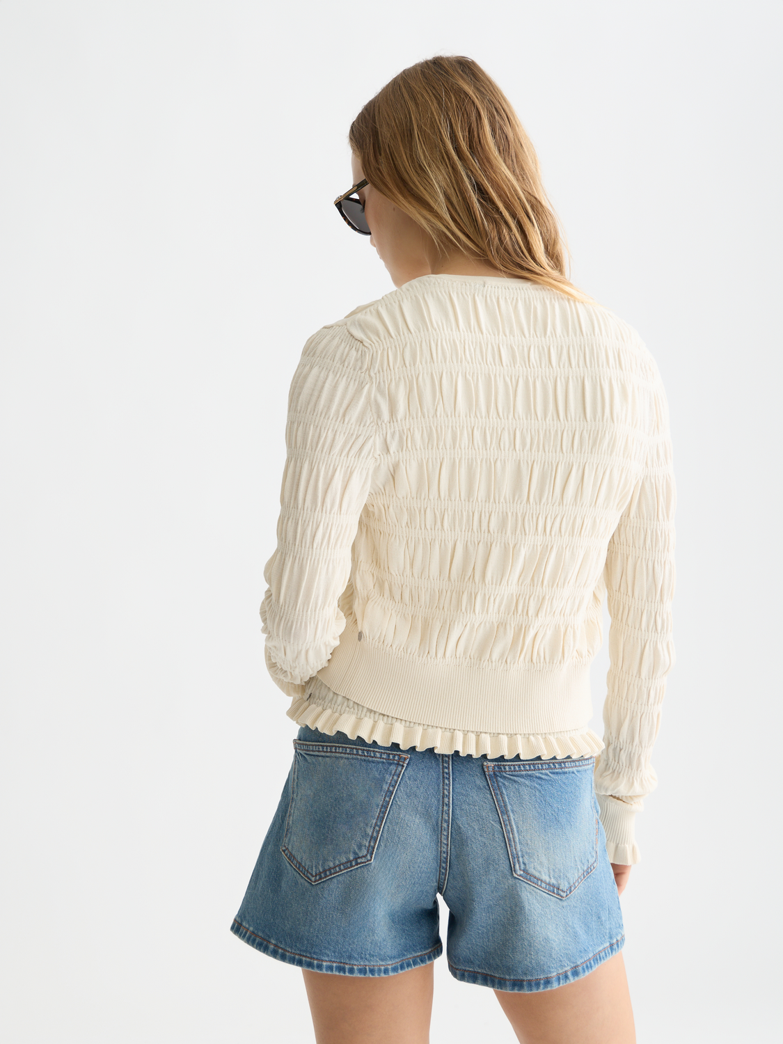 Smock Stitch Crew Neck Cardigan