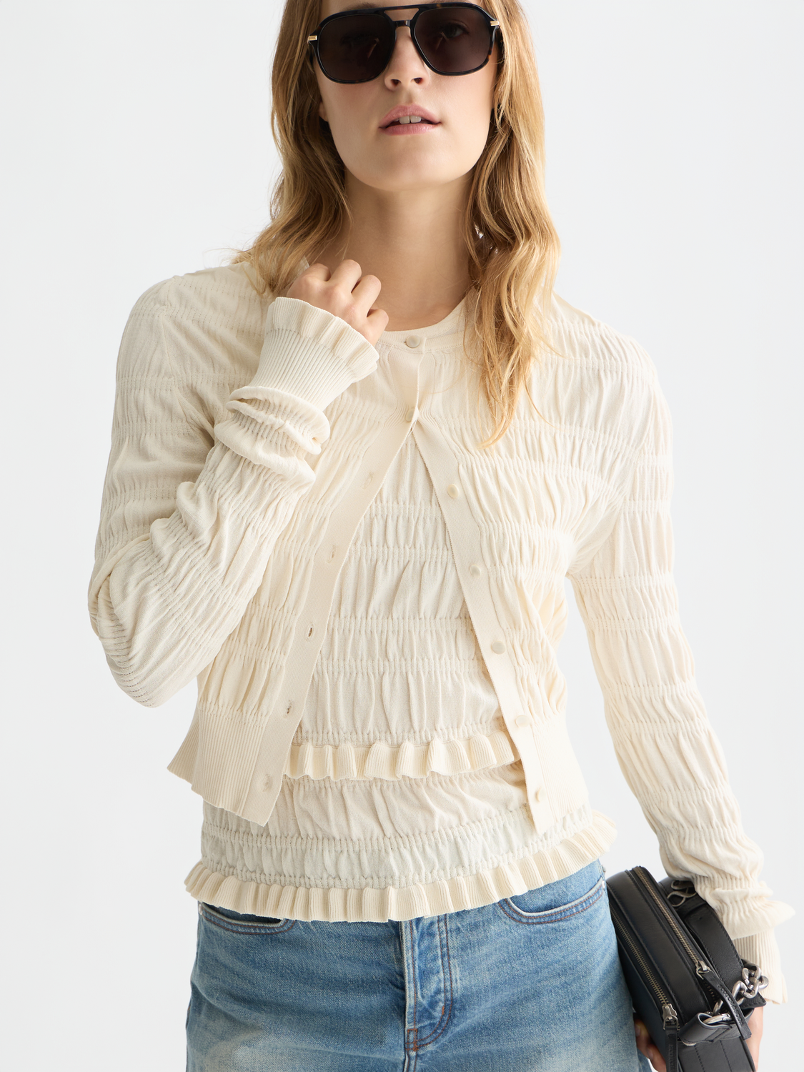 Smock Stitch Crew Neck Cardigan