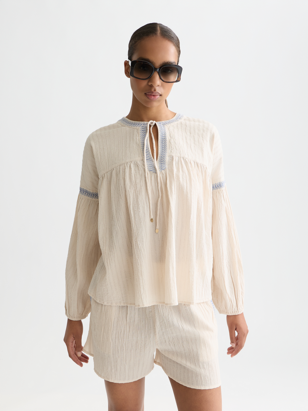 Cotton Crepe Blouse With Embroidered Details