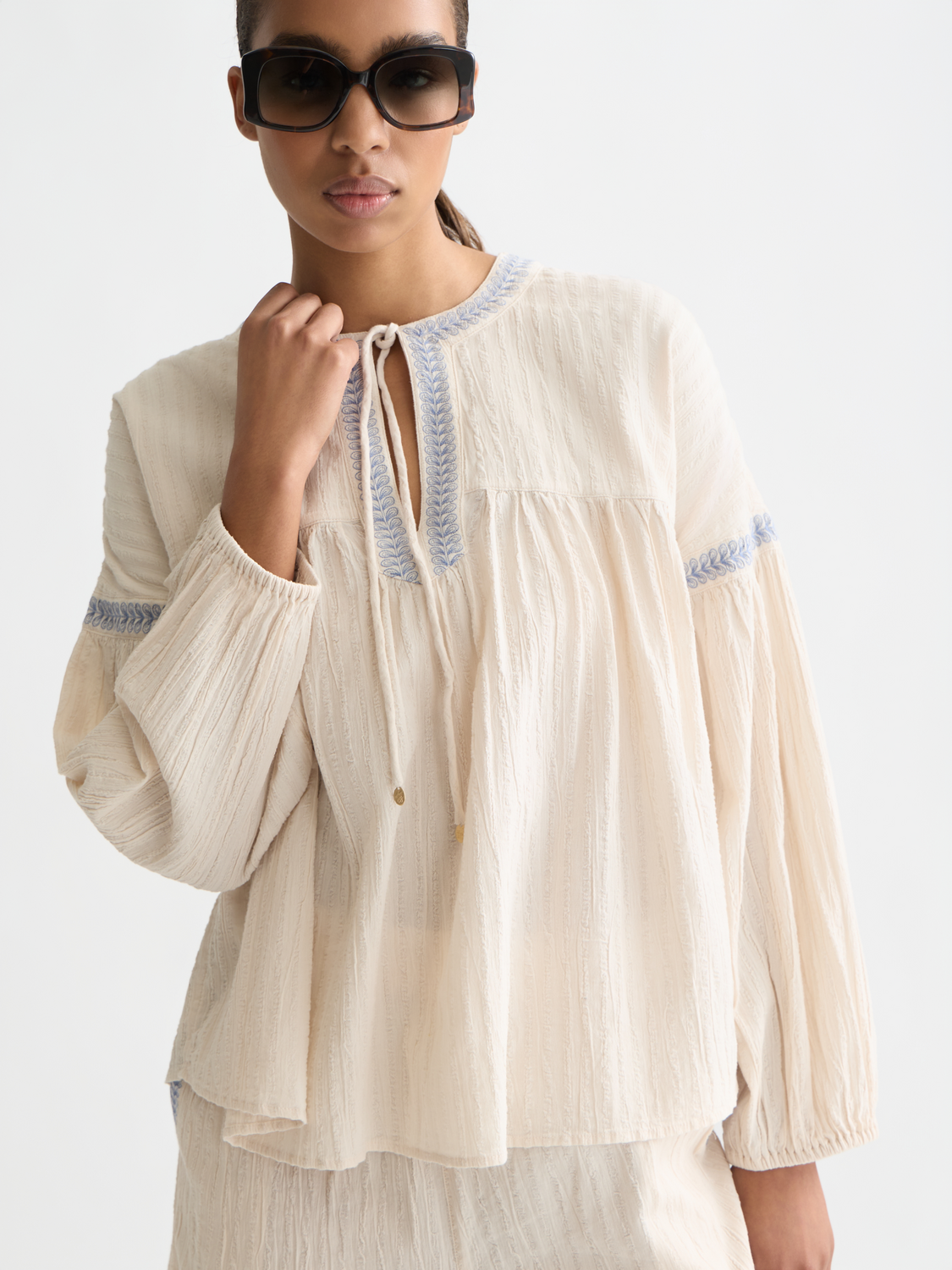 Cotton Crepe Blouse With Embroidered Details