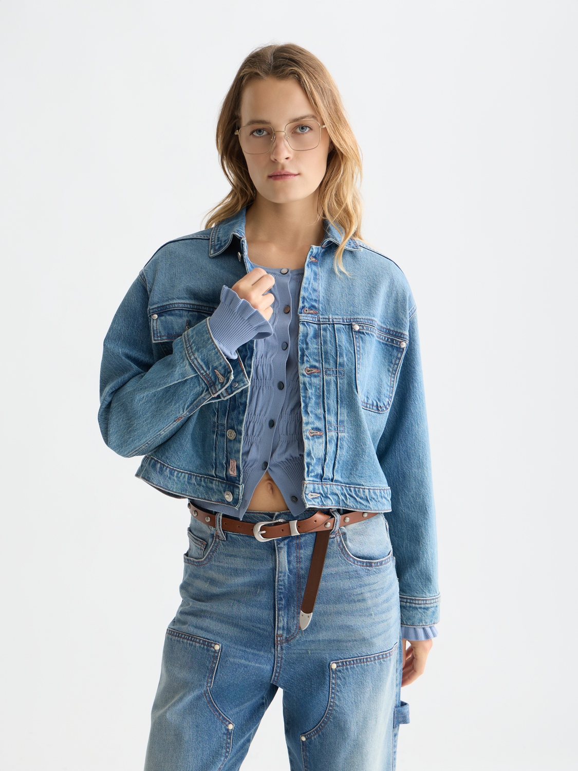 Pleat Front Denim Trucker Jacket