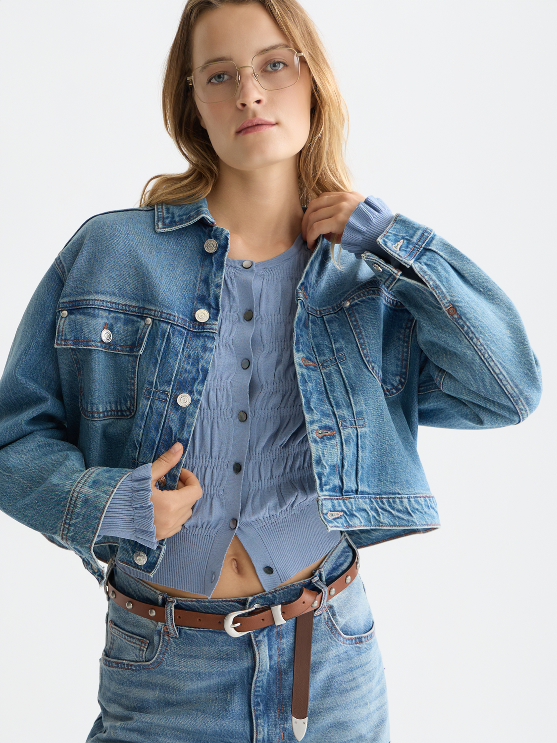 Pleat Front Denim Trucker Jacket