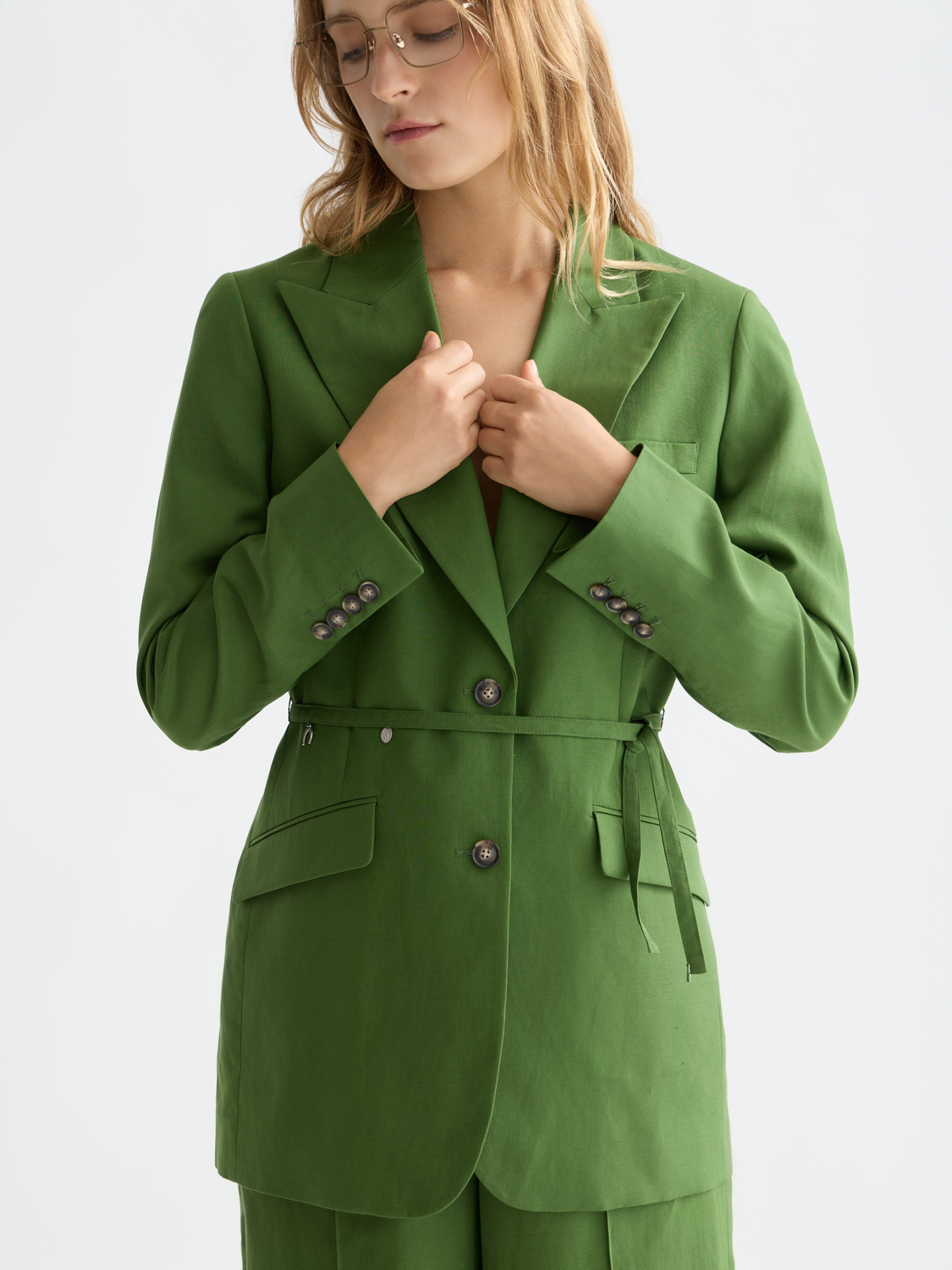 Linen Blend Blazer With Charm Belt