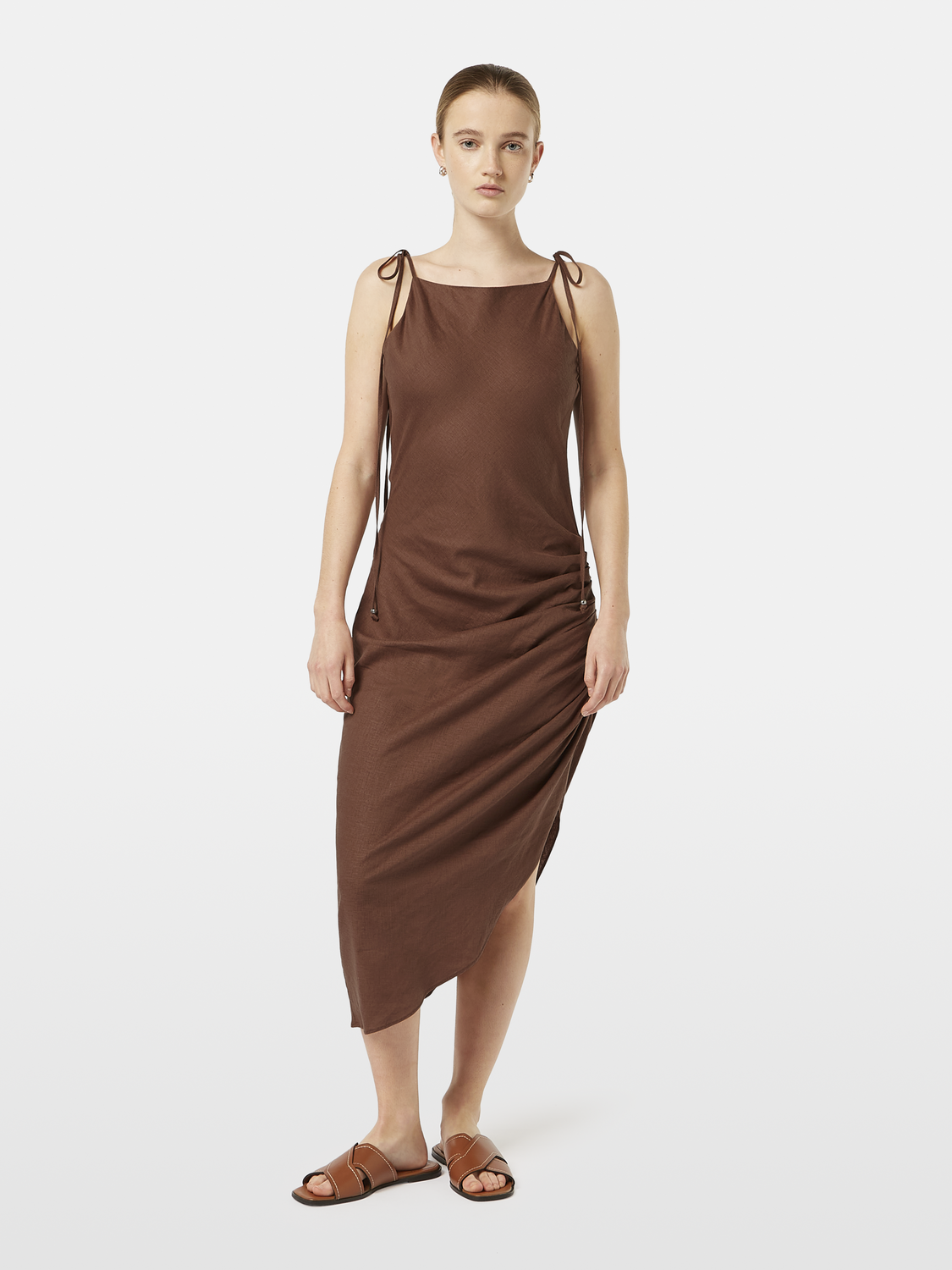 Linen Viscose Gathered Midi Dress