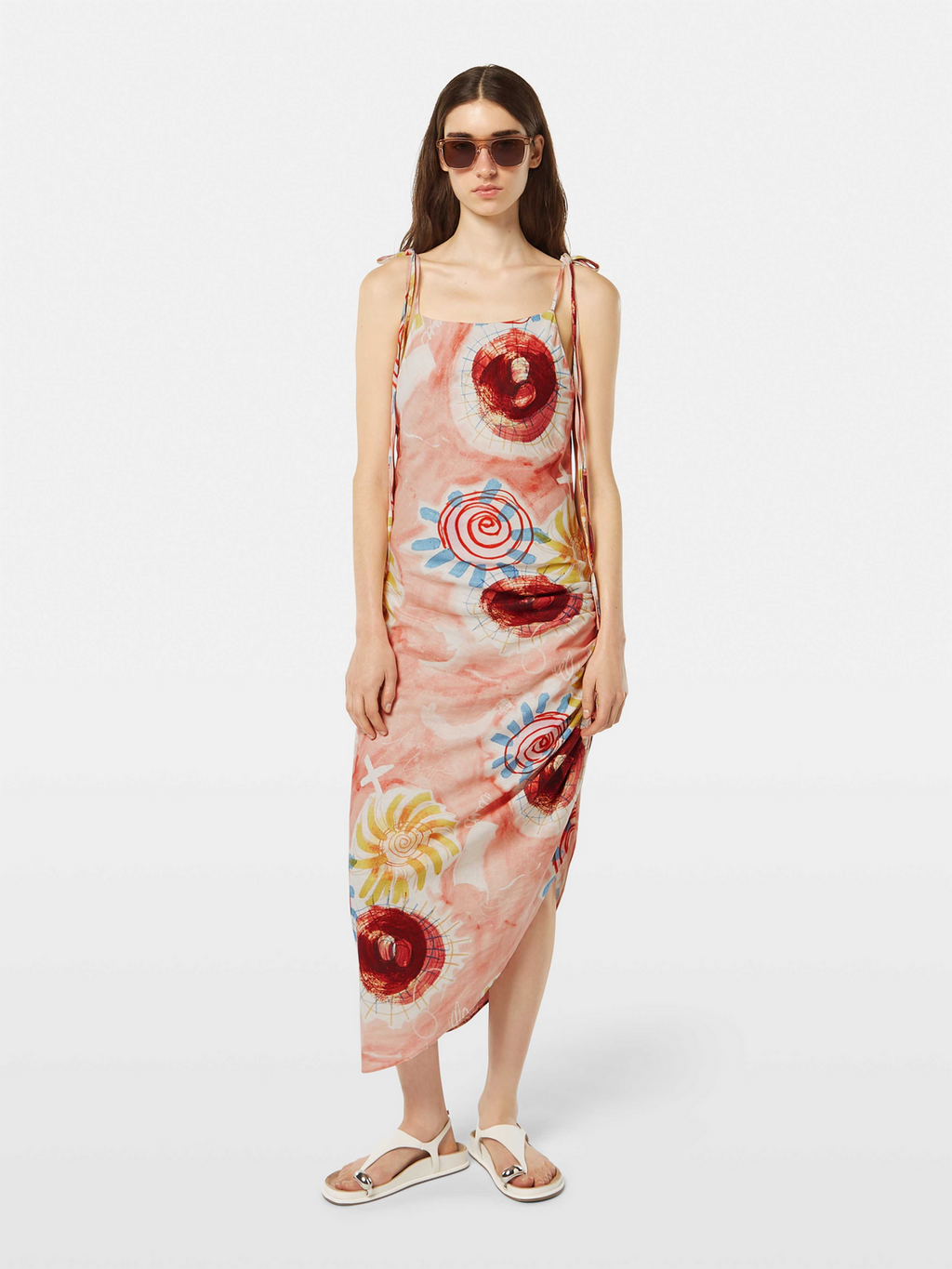 printed linen midi dress Summer-blend Linen Printed Square Neck Ruched Smocked Back Midi Dress