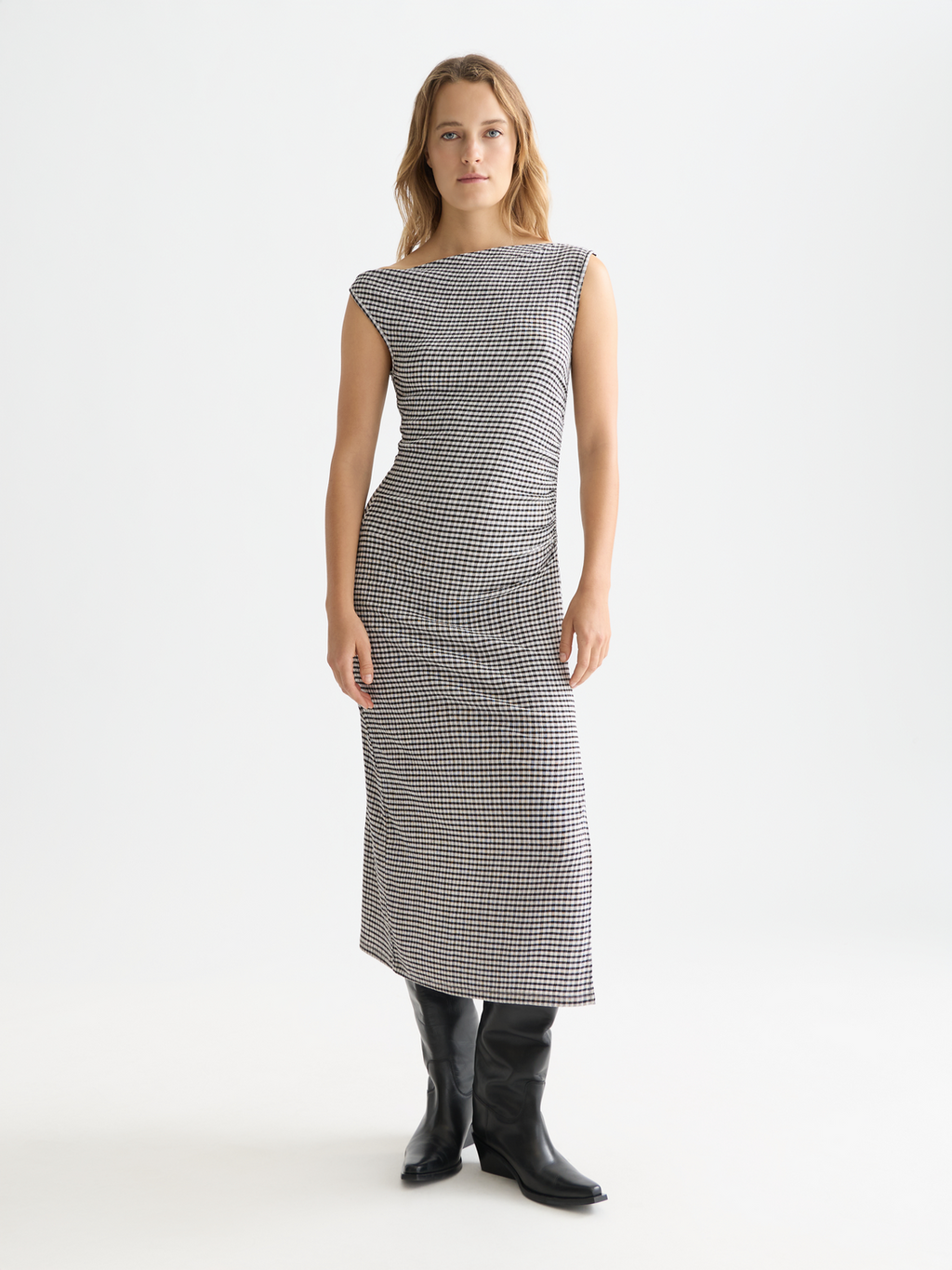 Structured Gingham Drapey Midi Dress