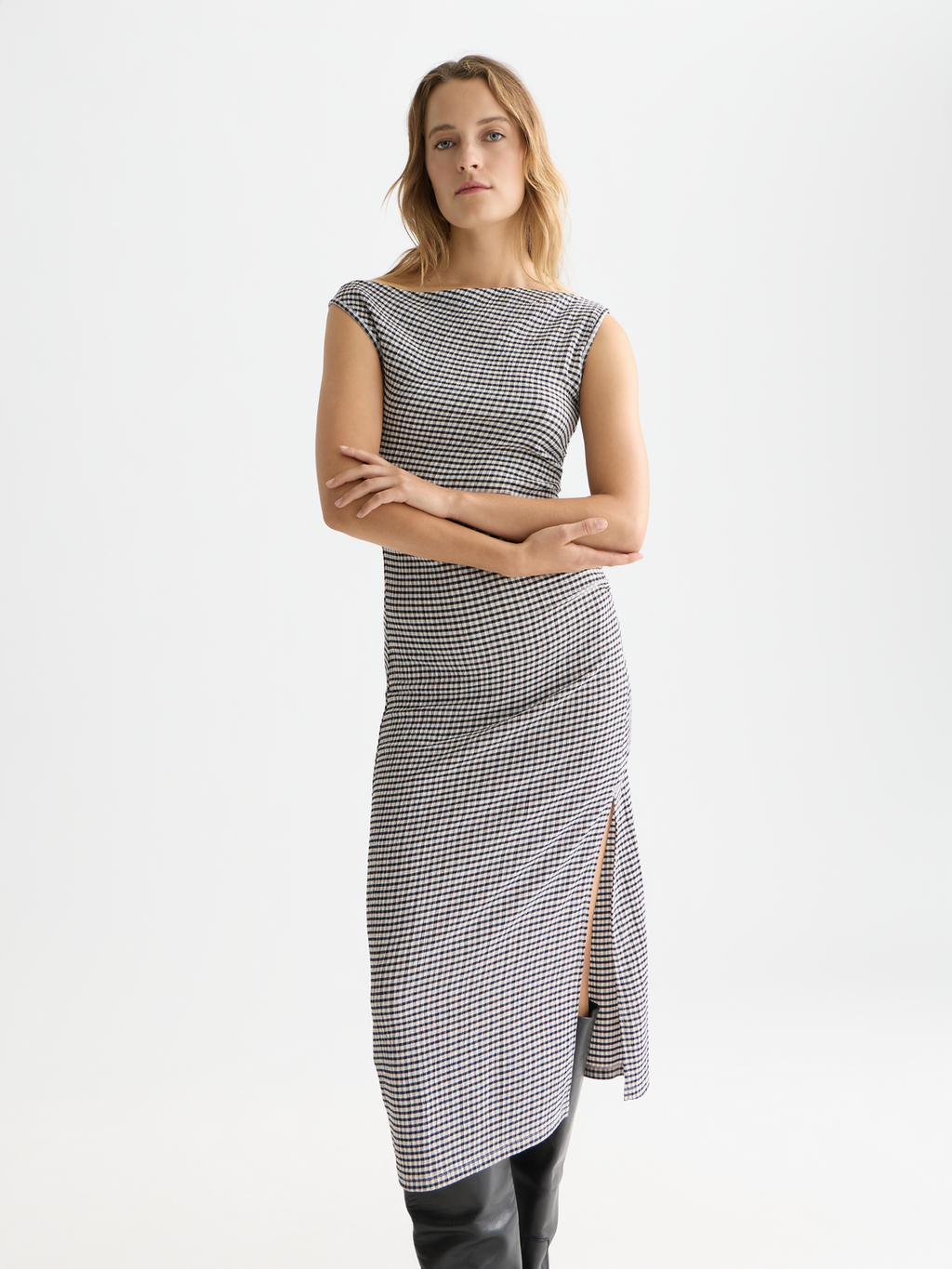 Structured Gingham Drapey Midi Dress